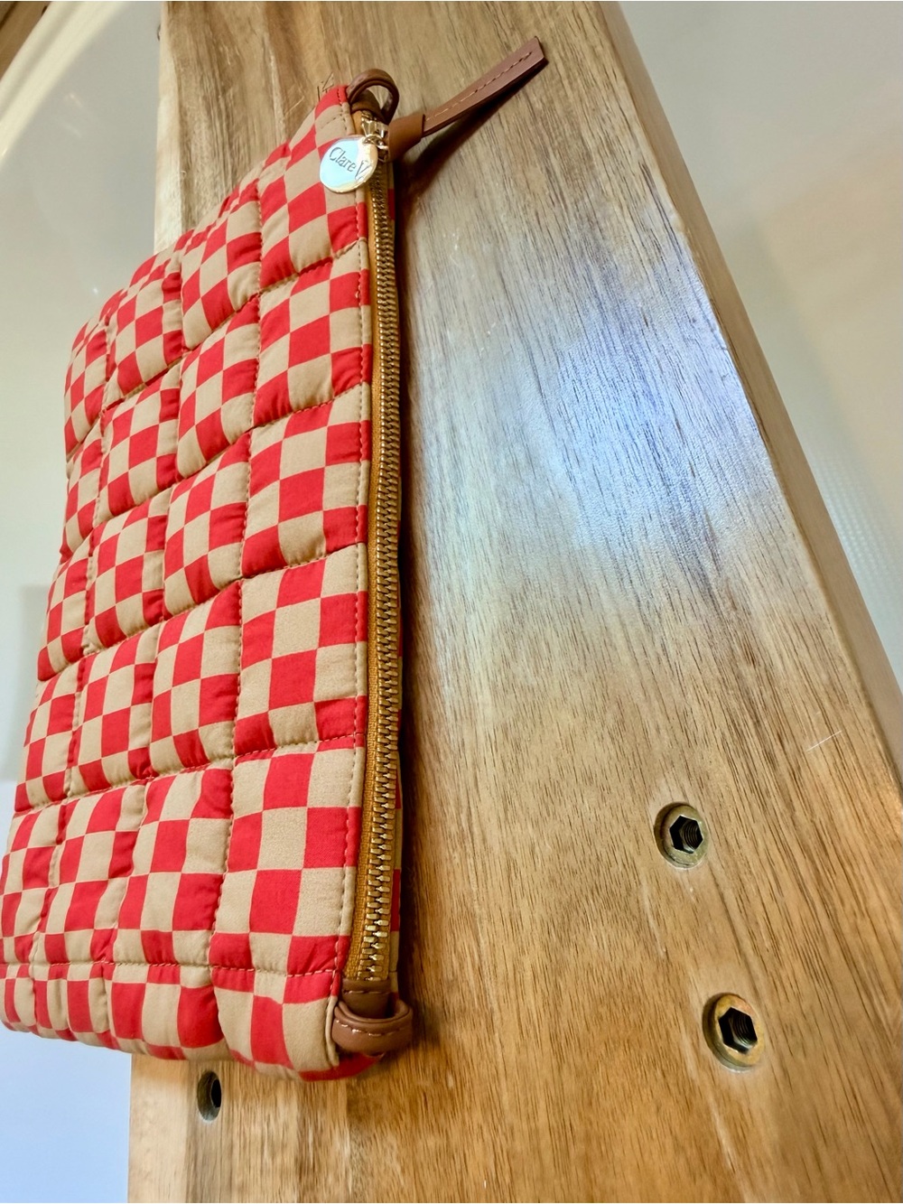 Clare V Flat Clutch w/ Tabs - Poppy & Khaki Quilted Checker $145 - Picture 9 of 10
